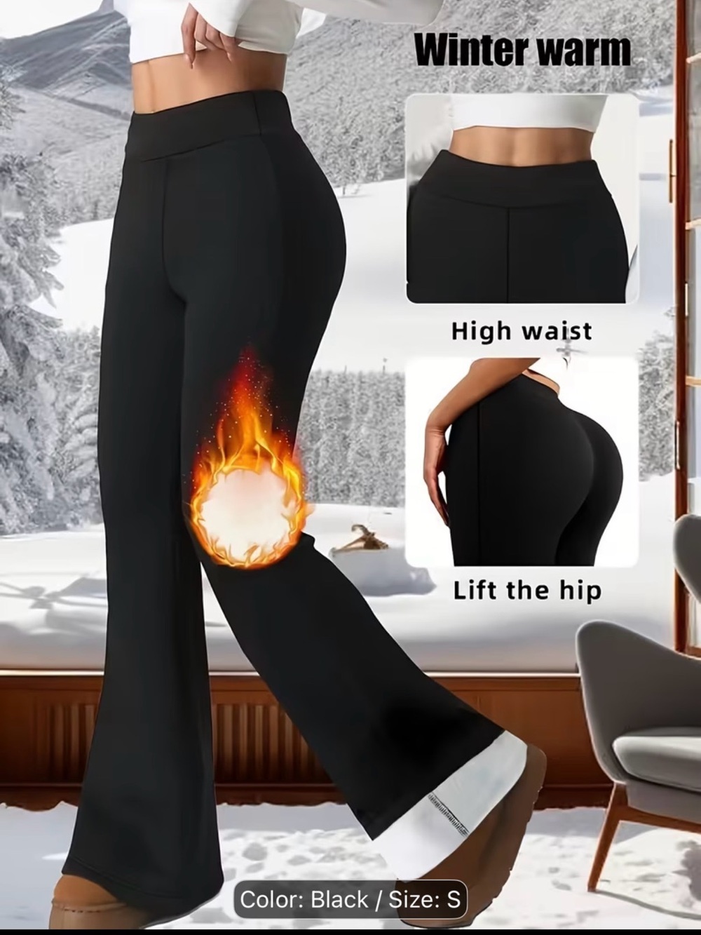 High-Waist Thermal Flare Pants - Black